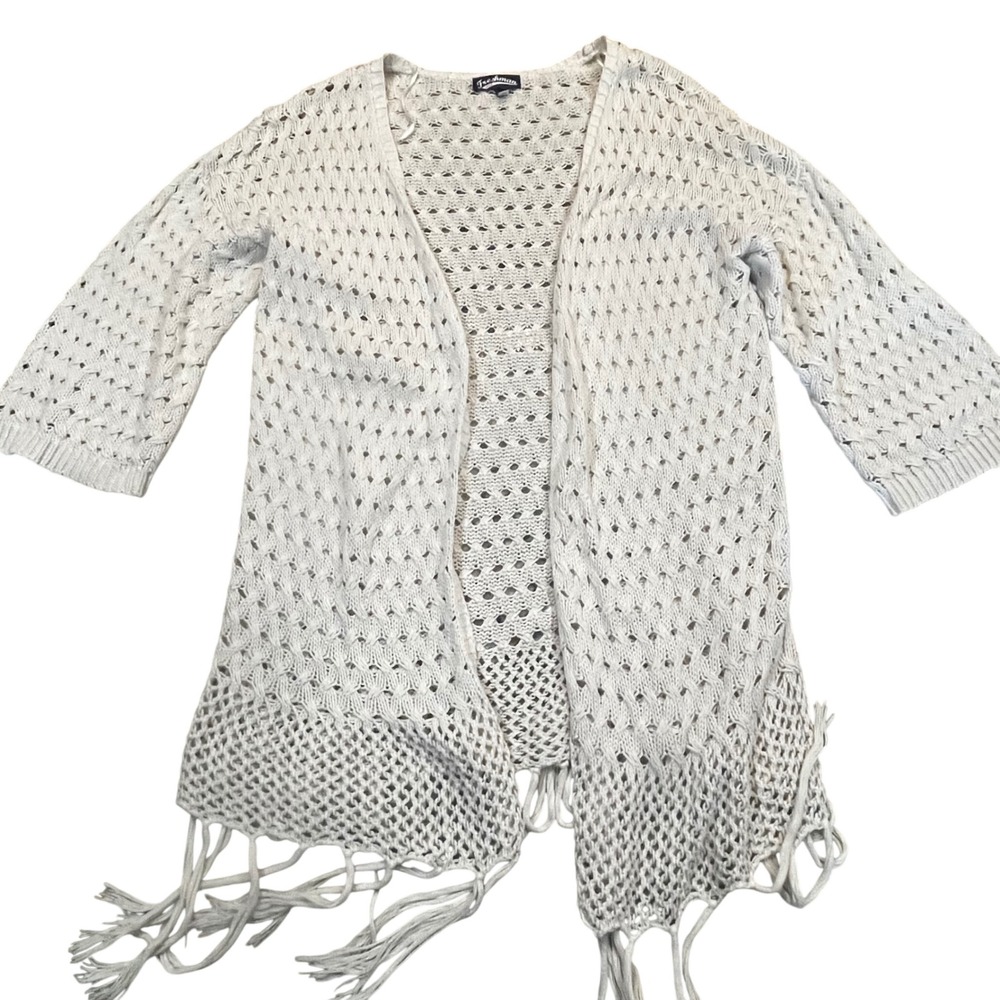 Freshman 1996 Womens Cream Open Knit Fringe Cardigan Sweater Size L Boho Crochet